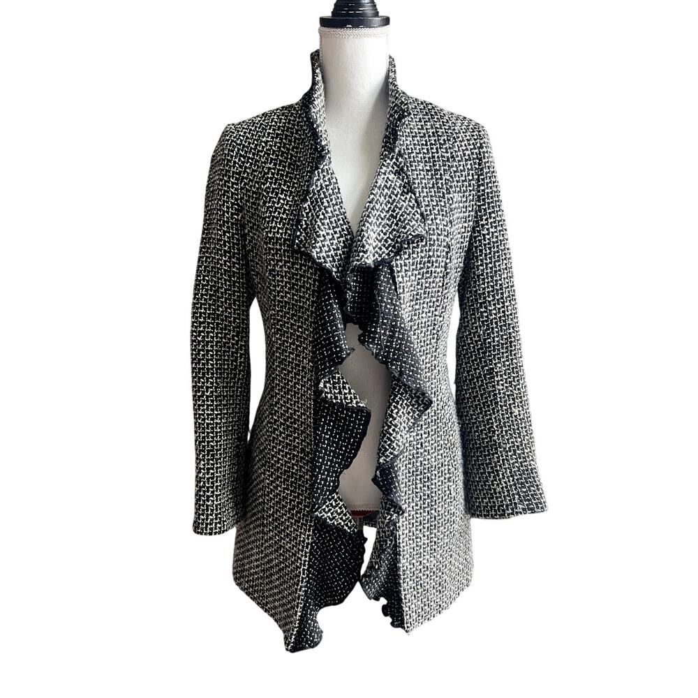 White House Black Market boho chic work wear wool tweed ruffle blazer size XS/S